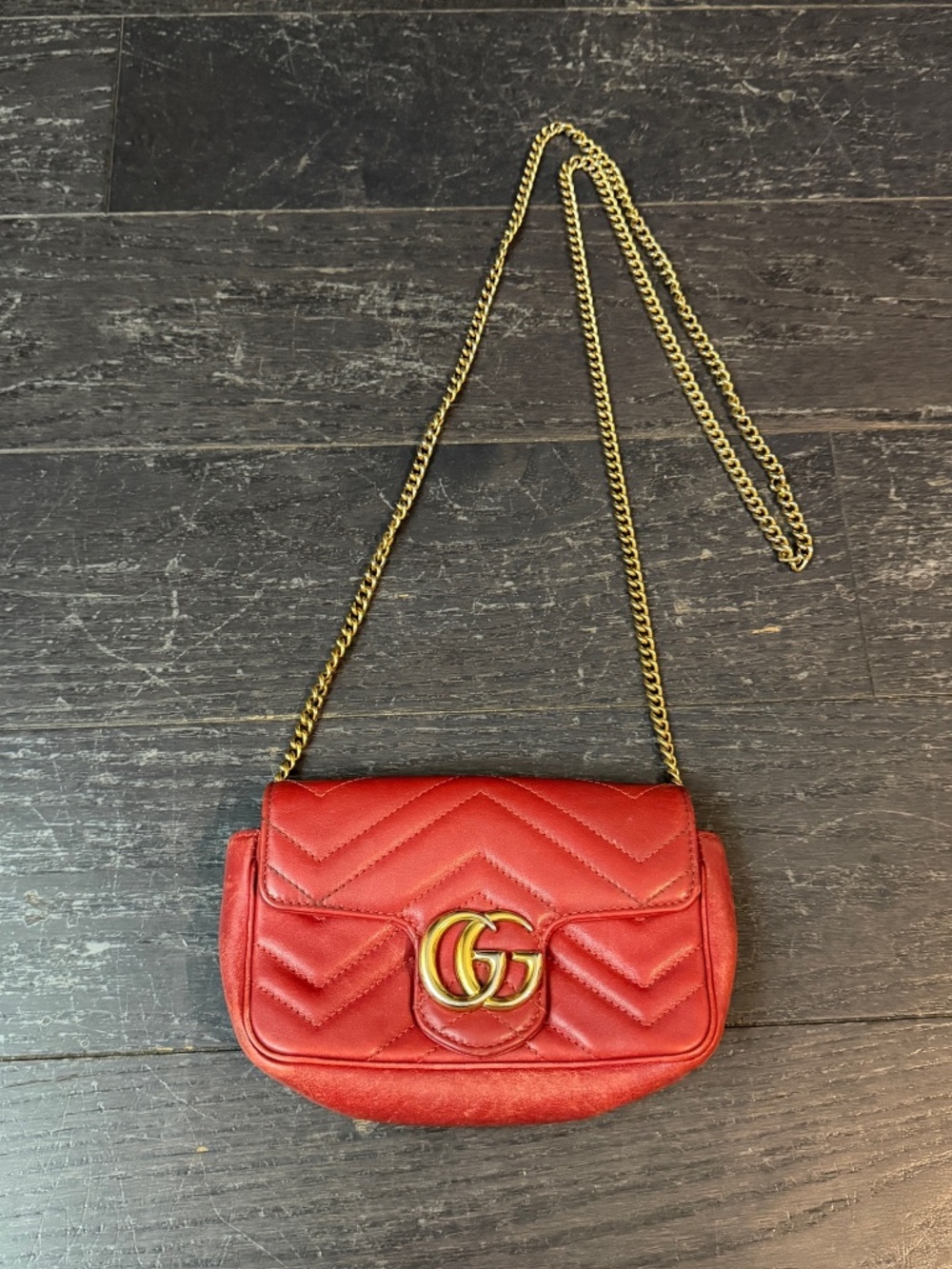 Gucci GG Marmont Super Mini Red Leather Chain Crossbody Bag Double G women's bag
